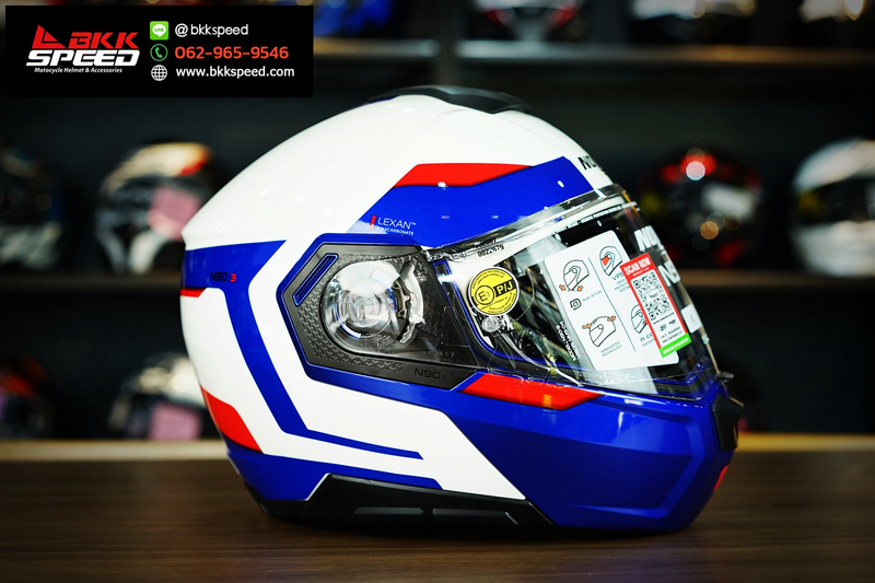 รูปสินค้าหมวกกันน็อคเต็มใบ แบรนด์ Nolan รุ่น Nolan N90.3 ลาย/สี N90.3 Reflector Blue Metal White (38) ECE R22.06 สำหรับขี่มอเตอร์ไซค์ มุมด้านข้าง จาก BKKSPEED