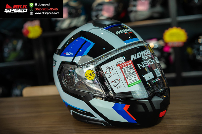 รูปสินค้าหมวกกันน็อคเต็มใบ แบรนด์ Nolan รุ่น N90.3 ลาย/สี Lighthouse Zephyr White Light Blue (50) ECE R22.06 สำหรับขี่มอเตอร์ไซค์ มุมด้านหลัง จาก BKKSPEED