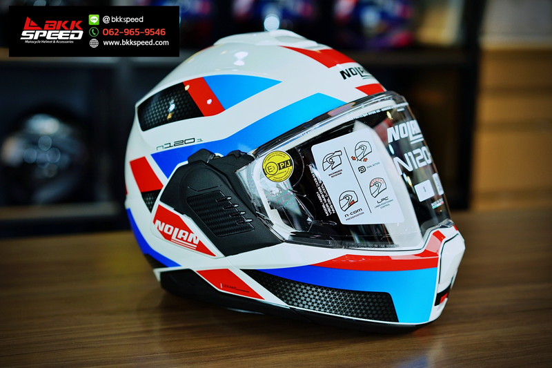 รูปสินค้าหมวกกันน็อคเต็มใบ แบรนด์ Nolan รุ่น N120.1 ลาย/สี Subway White Blue Red (24) Flipback สำหรับขี่มอเตอร์ไซค์ มุมด้านข้าง จาก BKKSPEED