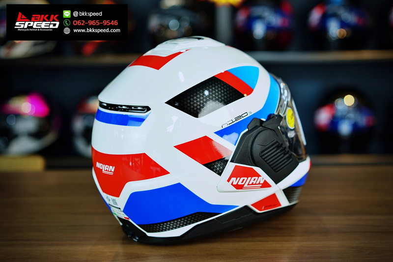 รูปสินค้าหมวกกันน็อคเต็มใบ แบรนด์ Nolan รุ่น N120.1 ลาย/สี Subway White Blue Red (24) Flipback สำหรับขี่มอเตอร์ไซค์ รายละเอียดสินค้า จาก BKKSPEED