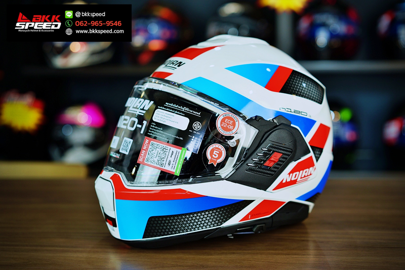 รูปสินค้าหมวกกันน็อคเต็มใบ แบรนด์ Nolan รุ่น N120.1 ลาย/สี Subway White Blue Red (24) Flipback สำหรับขี่มอเตอร์ไซค์ มุมหลักด้านหน้า จาก BKKSPEED