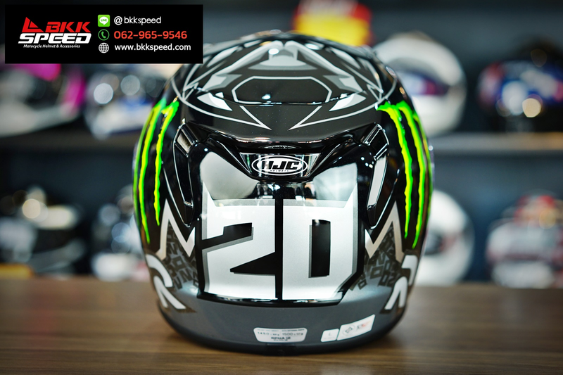 รูปสินค้าหมวกกันน็อคเต็มใบ แบรนด์ HJC รุ่น HJC RPHA12 ลาย/สี RPHA12 Quartararo Black Monster Energy Limited สำหรับขี่มอเตอร์ไซค์ มุมด้านหลัง จาก BKKSPEED