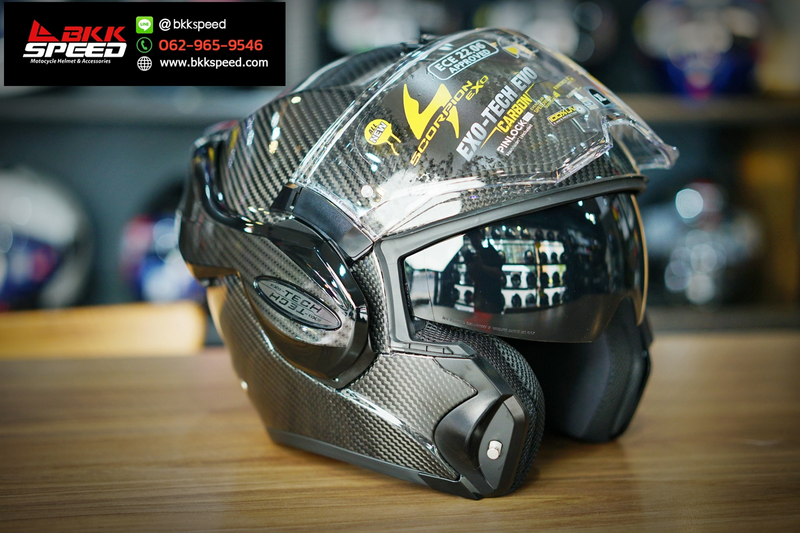 รูปสินค้าหมวกกันน็อคเต็มใบ แบรนด์ Scorpion EXO รุ่น Scorpion EXO Tech ลาย/สี Tech EVO Carbon (Flip Back) ECE R22.06 สำหรับขี่มอเตอร์ไซค์ รายละเอียดสินค้า จาก BKKSPEED