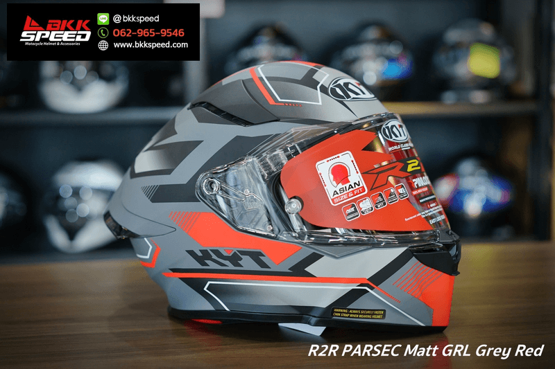 รูปสินค้าหมวกกันน็อคเต็มใบ แบรนด์ KYT รุ่น R2R ลาย/สี Parsec matt GRL Grey Red สำหรับขี่มอเตอร์ไซค์ มุมด้านหลัง จาก BKKSPEED